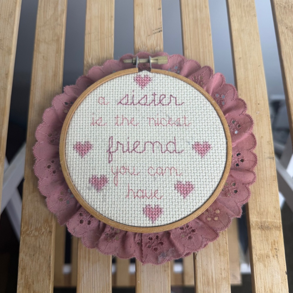 Vintage Sister Cross Stitch Needlepoint Pink Eyelet Lace Wood Hoop Wall Art 6"